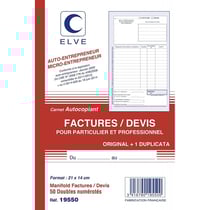 ELVE Manifold Factures / Devis, 50 feuillets, A5, dupli special auto entrepreneur