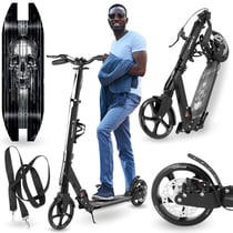 Trottinette Enfant Noire jusqu'à 100kg - 2 amortisseurs - Pliable - 2 Freins- Aluminium- ABEC-7