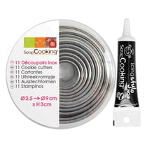 11 emporte-pièces ronds en inox + Stylo de glaçage noir
