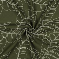 Tissu Lin Viscose Feuilles brodées sur fond Vert kaki