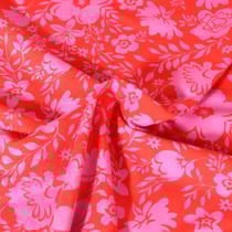 Tissu Jersey Coton Poppy Fleurs rose sur fond Rouge