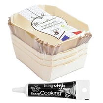 4 moules individuels en bois rectangle + 8 caissettes sulfurisées de cuisson + Stylo de glaçage noir