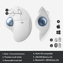 LOGITECH trackball sans fil ERGO M575 blanc bluetooth + 2.4Ghz