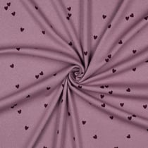 Tissu Jersey Coton côtelé petits coeurs Bordeaux sur fond Mauve