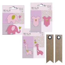 60 formes découpées girafes, éléphants et body rose-vert-gris + 20 étiquettes kraft Fanion