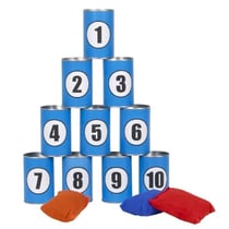 Chamboule tout traditionnel, boîtes métal bleu - jeu massacre, casse boites - lancer, adresse