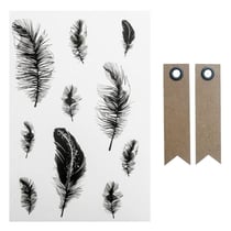 Motifs autocollants noir & blanc Plumes + 20 étiquettes kraft Fanion