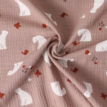 Tissu Double gaze de Coton Petit Nordique ours Blanc sur fond Vieux rose - Au mètre