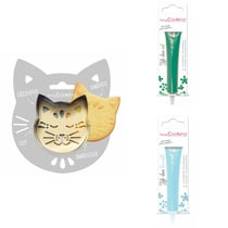 Kit pour biscuit en relief Chat + 2 Stylos au chocolat vert et bleu pastel