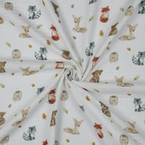 Tissu Double gaze de Coton digital Animaux de la forêt sur fond Blanc