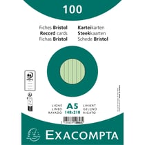 Paquet 100 fiches sous film - bristol ligné non perforé 148x210mm - Vert - x 10 - Exacompta