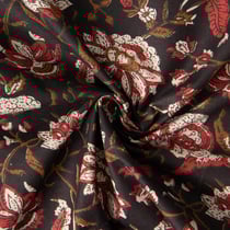 Tissu Voile de Coton indien Block print Fleuris rouge sur fond Noir