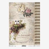 1 feuille de papier de riz 21 x 29,7 cm Itd Collection OISEAU ROSE ECRITURE VINTAGE 0713