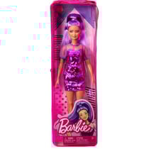 Poupee barbie fashionistas cheveux violets - robe violets avec baskets - mattel - hbv12