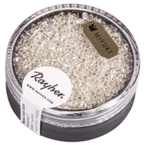 Delica-rocailles, 1,6mm avec garniture argent, boîte, cristal de roche, 6g