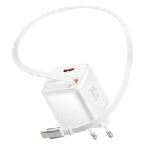 Swissten Chargeur Secteur USB-A 45W avec Câble Rétractable USB-C 0.75m Intégré Blanc