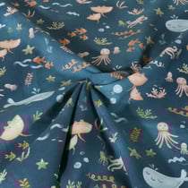 Tissu Popeline de Coton Poppy Animaux marins sur fond Bleu ancien