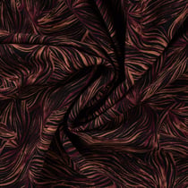 Tissu Viscose twill feuillage graphique Terracotta et Bordeaux sur fond Noir