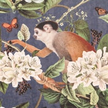 Tissu Velours ras épais tout doux Singes, oiseaux et papillons blancs, marrons et verts sur fond Bleu nuit