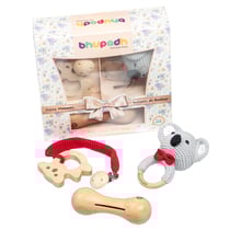 Coffret de 3 hochets en coton et bois naturel