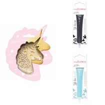 Kit pour biscuit en relief Licorne + 2 Stylos au chocolat noir et bleu pastel