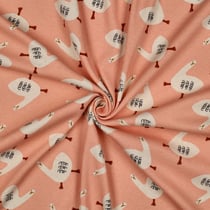 Tissu Jersey cotêlé Bio Jennifer Bouron oies sur fond Rose saumon