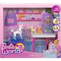 Barbie métier : animalerie / spa des animaux de compagnie + 2 chiens + chat + accessoires - 16 pièces - mattel - hyr06