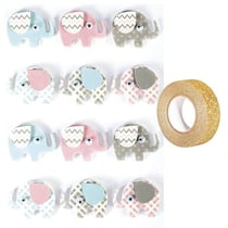 12 stickers 3D Elephants 4,3 cm + masking tape doré à paillettes 5 m