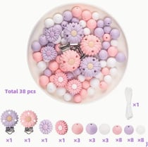 Lot de 38 perles en silicone assorties Attache tétine bracelet porte clefs MARGUERITTE MAUVE ROSE 4268