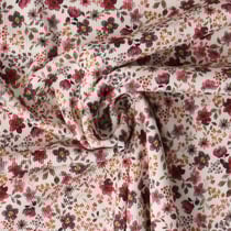 Tissu Jersey Bord Côte stretch fleurs Ambrie Prunes sur fond Beige