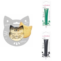 Kit pour biscuit en relief Chat + 2 Stylos au chocolat vert et noir