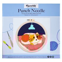 Figured'Art Punch Needle Kit Complet pour Adultes et Enfants - Chat dans son couffin - Parfait pour Débutant. Set prêt à broder taille 20x20cm avec cadre circulaire