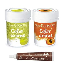 2 colorants alimentaires aux arômes de pomme & abricot + Stylo chocolat