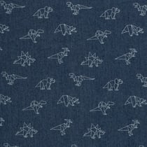 Tissu Jean Denim extensible Dino blancs sur fond Bleu marine - Au mètre