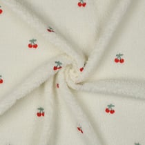 Tissu Fausse fourrure Mouton Lison cerises Rouges sur fond Ecru