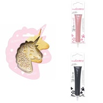 Kit pour biscuit en relief Licorne + 2 Stylos au chocolat rose pastel et noir