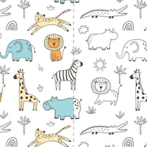 Tissu Jersey Coton magique Kim animaux savane sur fond Blanc