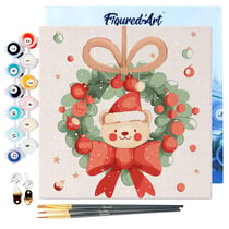 Mini Peinture par Numéros Figured'Art 20x20cm avec cadre Ours avec Couronne de Noël - Petit Format