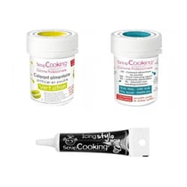 2 colorants alimentaires bleu foncé-vert citron + Stylo glaçage noir