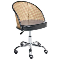 Chaise de Bureau Noir en Cuir PU et Rotin PE Tresse Viennoise Dossier Pivotant Réglable Style Traditionnel