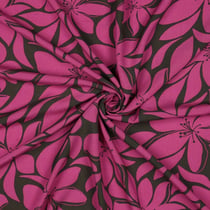 Tissu Voile de Viscose imprimé Grandes fleurs Fuschia sur fond Vert foncé