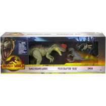 Pack jurassic world : dinosaure velociraptor blue yangchuanosaurus + owen + moto - figurine - dino - mattel hlp79