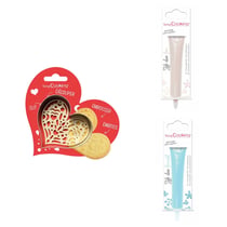 Kit pour biscuit en relief Coeur + 2 Stylos au chocolat blanc et bleu pastel