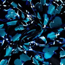 Tissu Viscose Dahlia touché satin fleurs abstraites Bleu roi et turquoise sur fond Noir