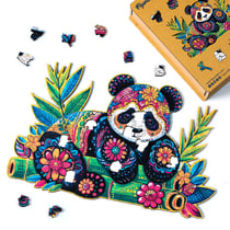 Puzzle en Bois Adulte et Enfant Figured'Art 200 pièces Animaux - Panda floral - Design Original 34x22,5 cm Forme Unique avec Coffret en bois Premium, Parfait pour Offrir en Cadeau