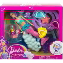 Coffret dreamtopia barbie sirène baby sitter avec bébé sirène + 3 animaux marins + manège - poupée mannequin - mattel - hlc30