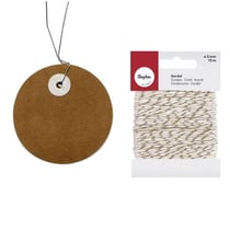 Etiquettes kraft rondes Ø 5 cm avec fil métal + Ficelle dorée & blanche 15 m