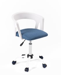 Chaise bureau à roulettes, accoudoirs, assise rembourée, hauteur réglable, pivotant, pied métal AYA (blanc-bleu)