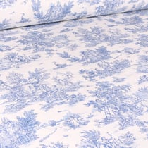 Tissu Coton imprimé grande largeur Jouy bleu sur fond Blanc cassé