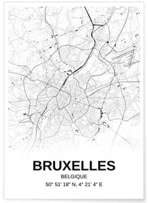 Affiche carte Bruxelles - rectangle Noir et Blanc | A3 : 29,7x42cm
